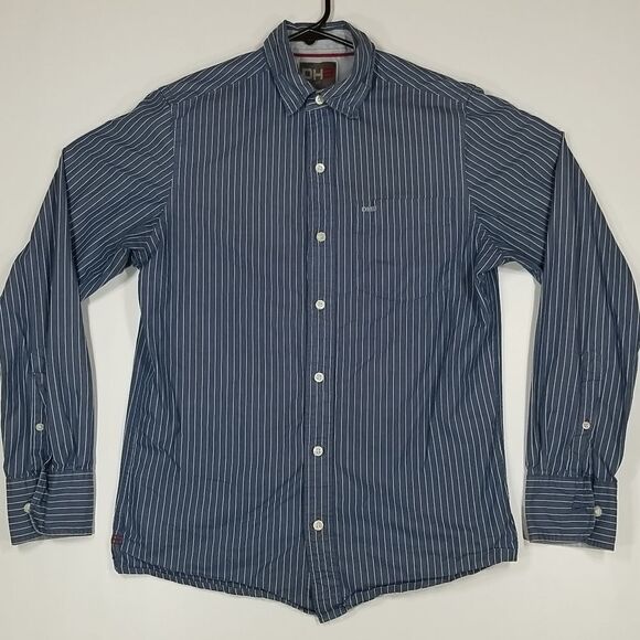 DH3 Shirt Men's Small Long Sleeve Blue White Strip Button Down 100% Cotton - Picture 1 of 11
